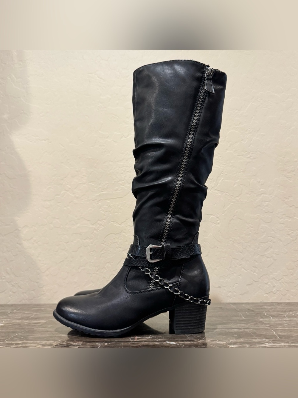Spring Step Faux Leather Chain Belted Moto Riding Boots